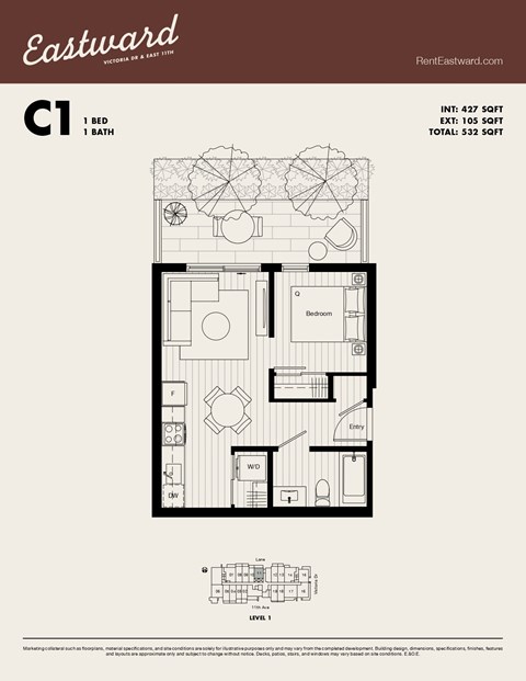 Floor plan for 1 bed, 1 bath, 427 sqft